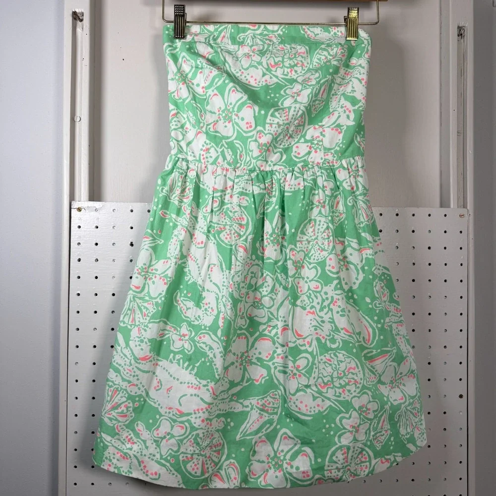 Lilly Pulitzer Strapless Dress Women's XS Green Floral Print Smocked Pleated - Picture 2 of 16